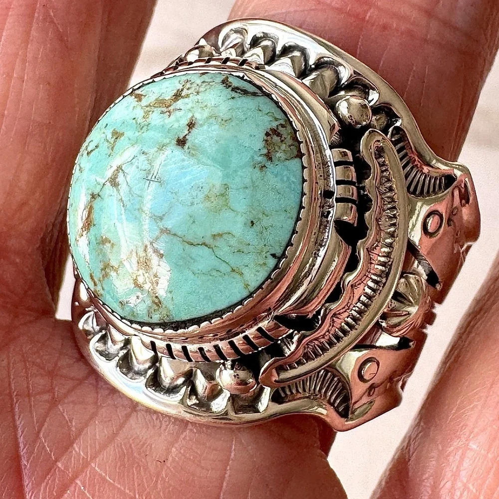 BIG Navajo Mens Turquoise Ring Sz 14 Wide Band Signed Lee Sterling Native Amer